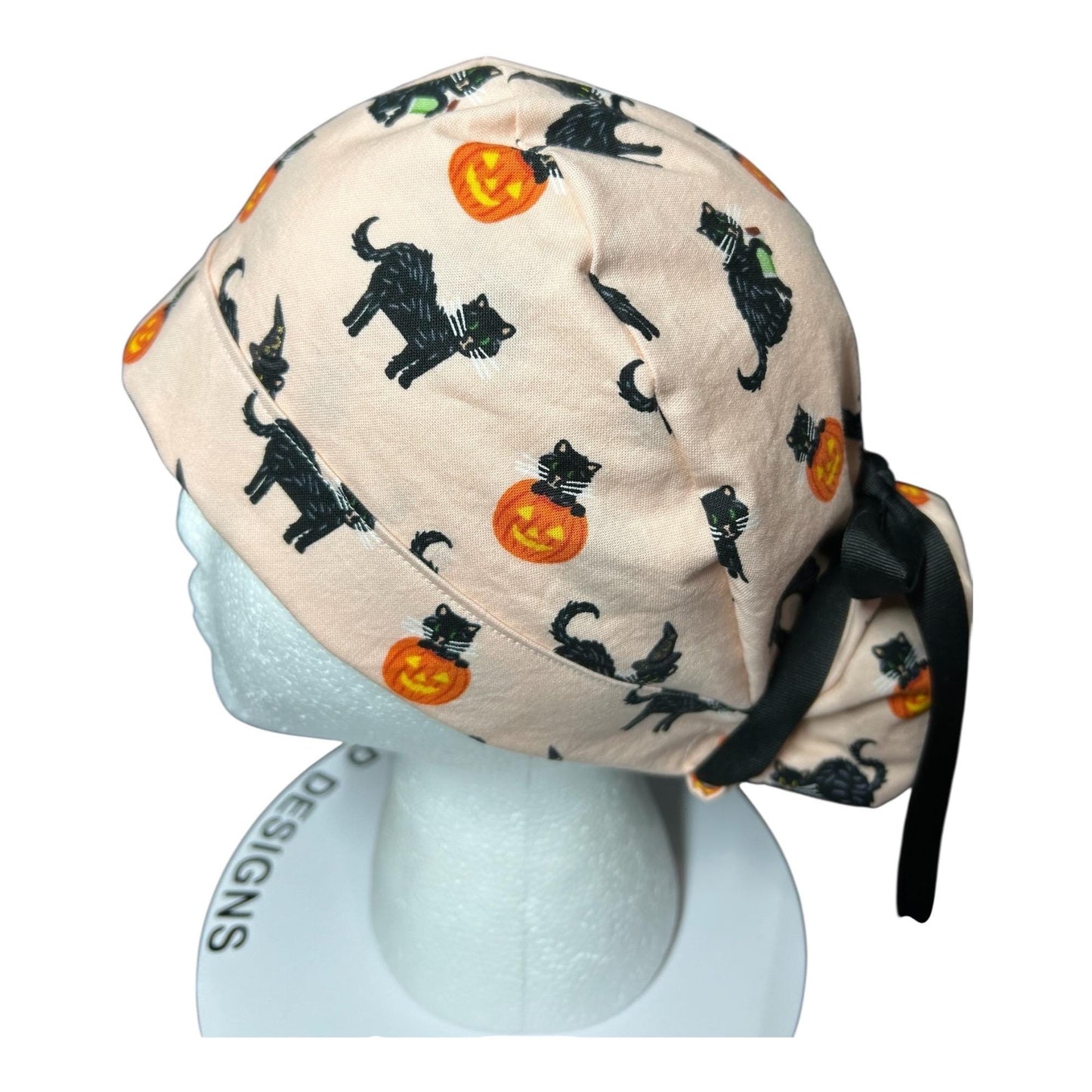 Ponytail Scrub Hat: Rifle Paper Co. Peach Black Cat Halloween Surgical Cap