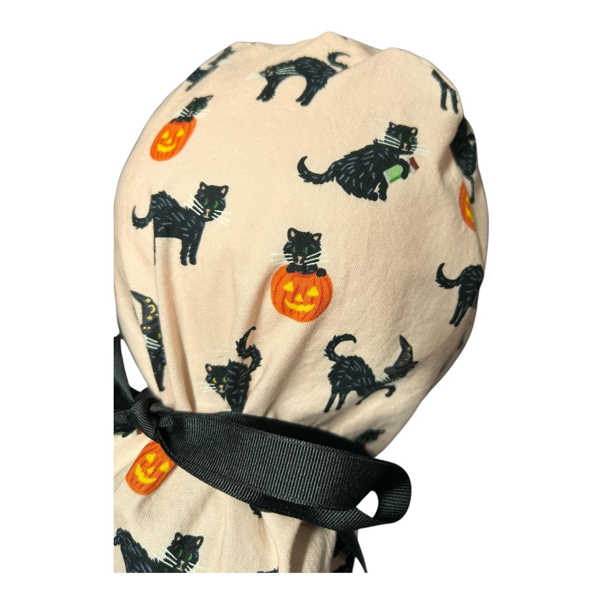 Ponytail Scrub Hat: Rifle Paper Co. Peach Black Cat Halloween Surgical Cap