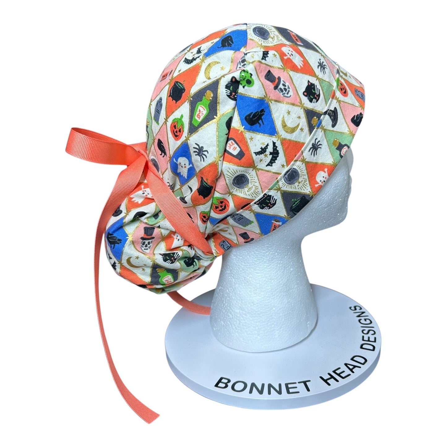 Rifle Paper Co. Halloween Argyle Print Scrub Cap: Ponytail Style with Ribbon Ties