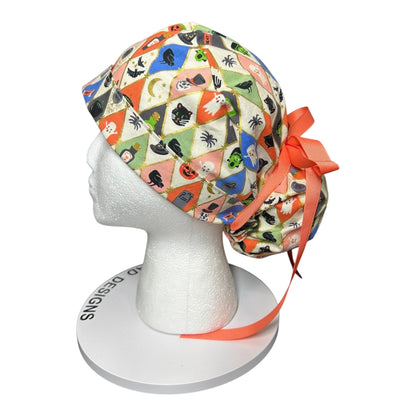 Rifle Paper Co. Halloween Argyle Print Scrub Cap: Ponytail Style with Ribbon Ties