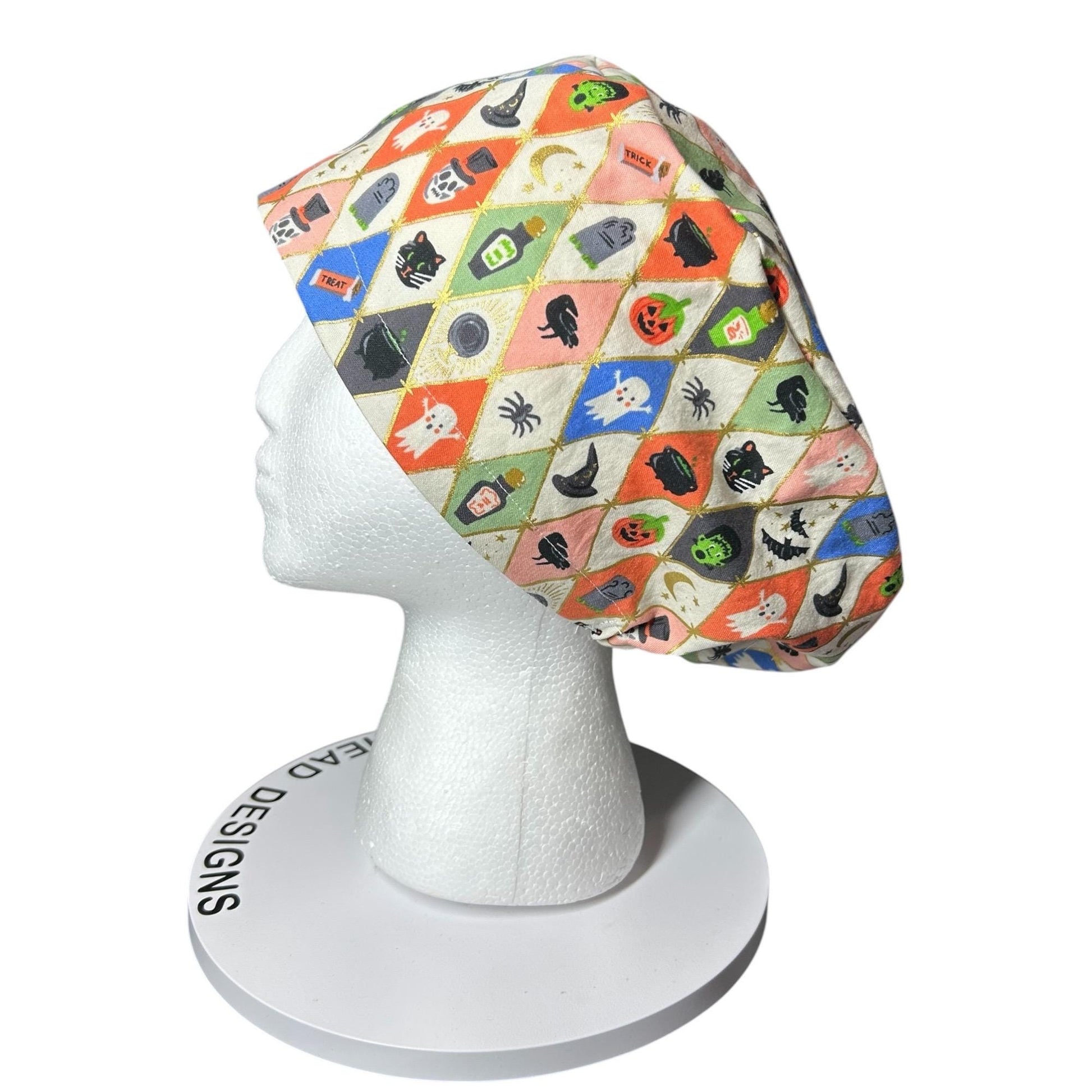 Rifle Paper Co. Halloween Argyle Print Scrub Cap: Euro Style with toggle