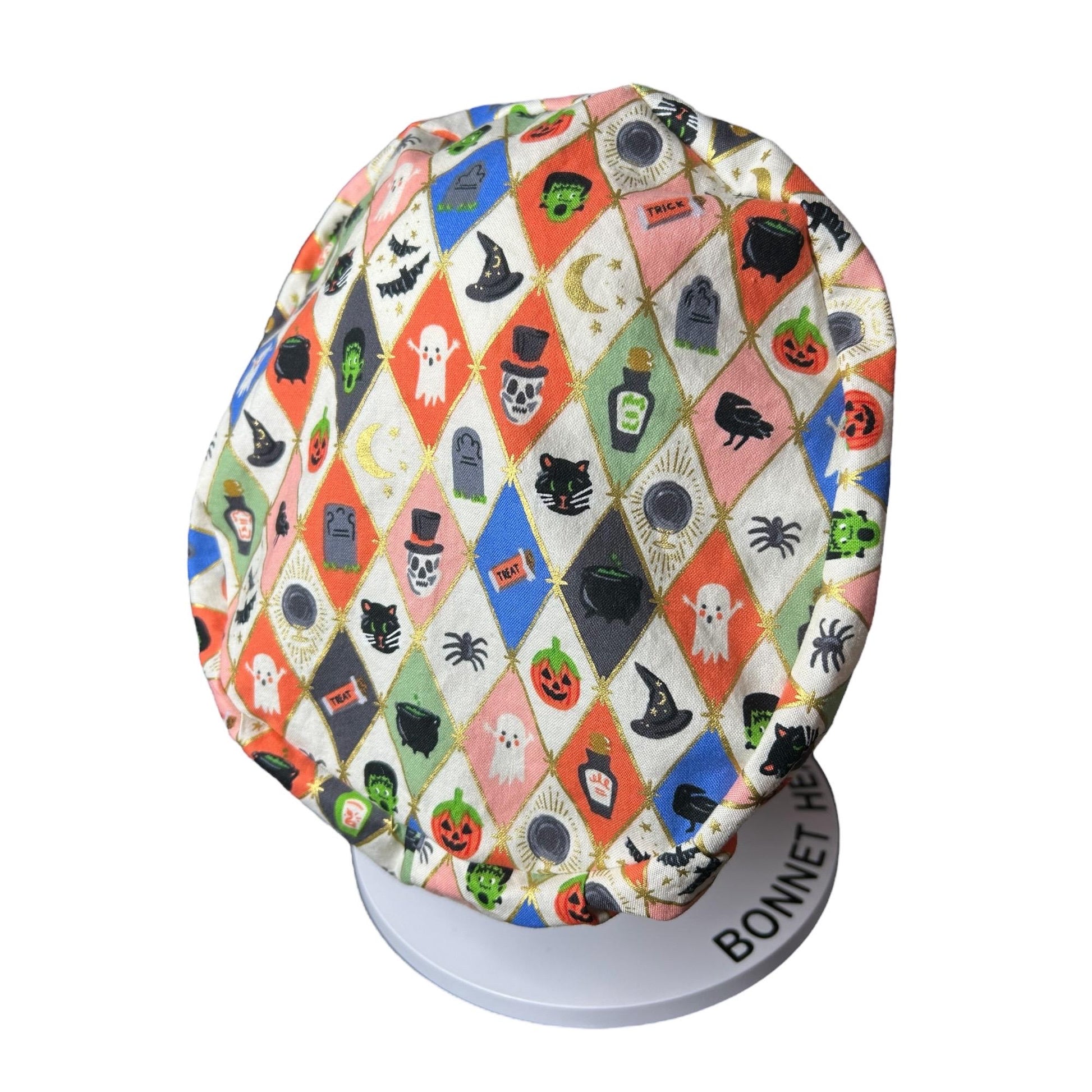 Rifle Paper Co. Halloween Argyle Print Scrub Cap: Euro Style with toggle