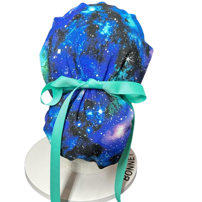Galaxy Space Print Scrub Cap with Ponytail Pouch, Handmade Cotton