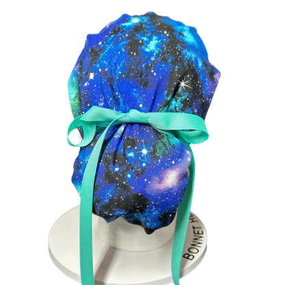 Galaxy Space Print Scrub Cap with Ponytail Pouch, Handmade Cotton