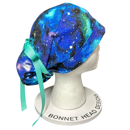 Galaxy Space Print Scrub Cap with Ponytail Pouch, Handmade Cotton