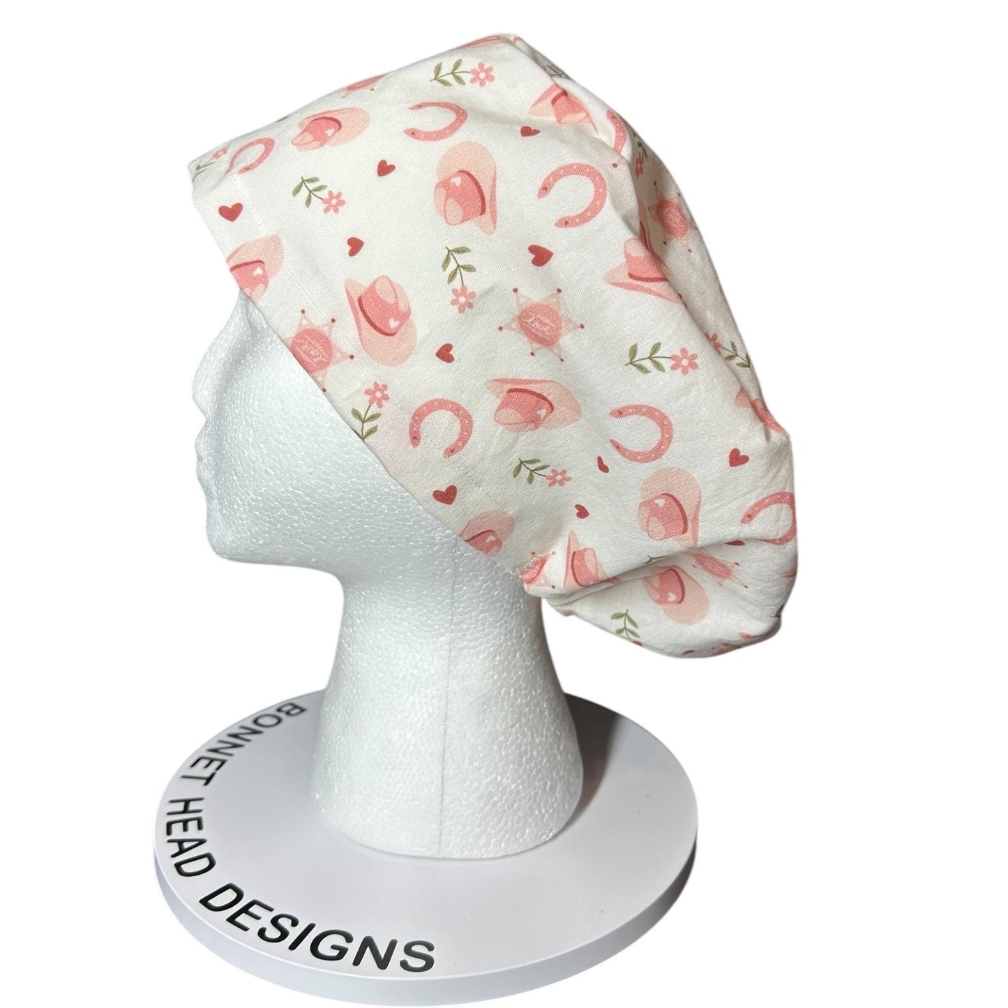 Petals and Pony Luck Euro Scrub Cap: Cowgirl print scrub Hat with toggle