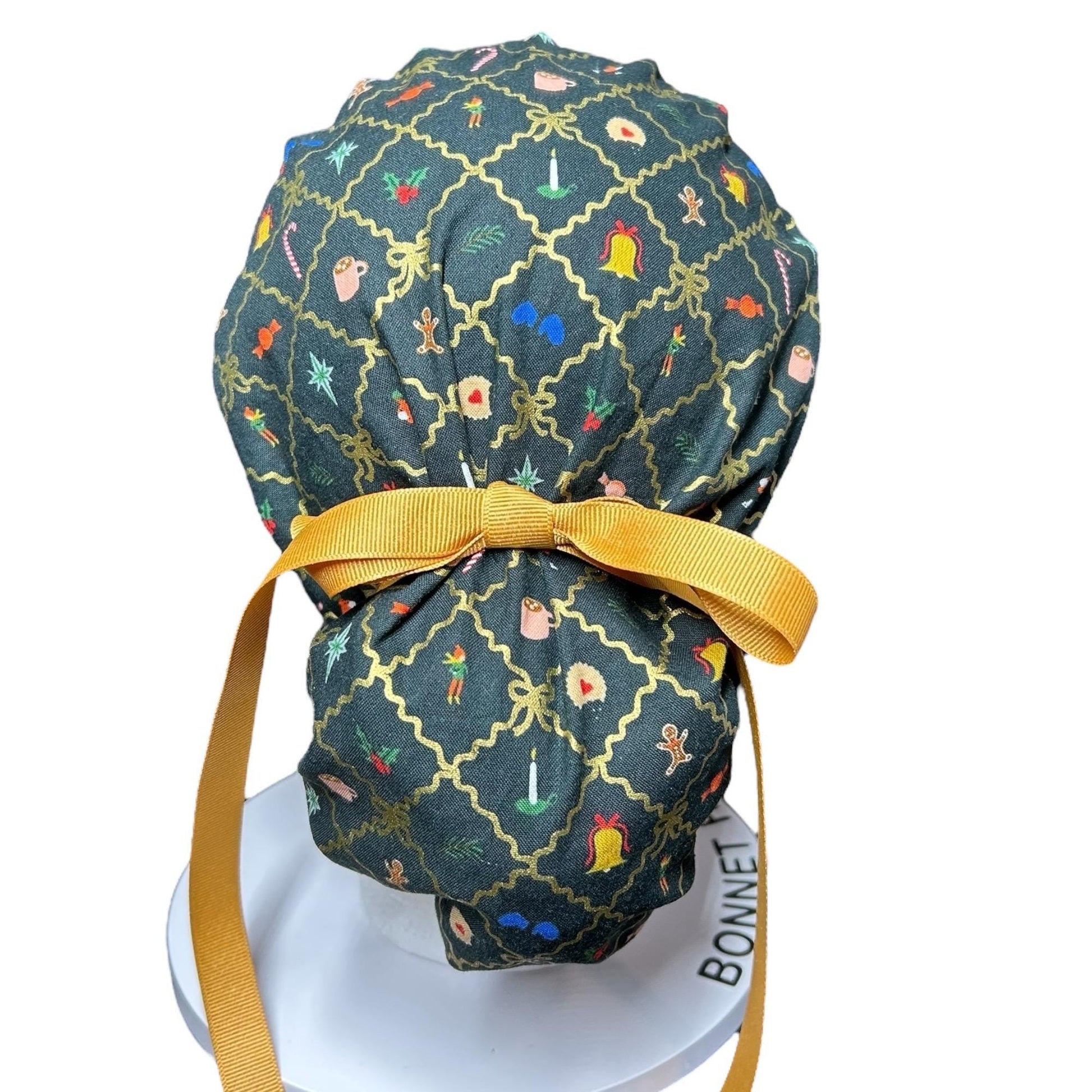 Rifle Paper Co. Christmas Argyle Ponytail Scrub Cap with Ribbon Ties