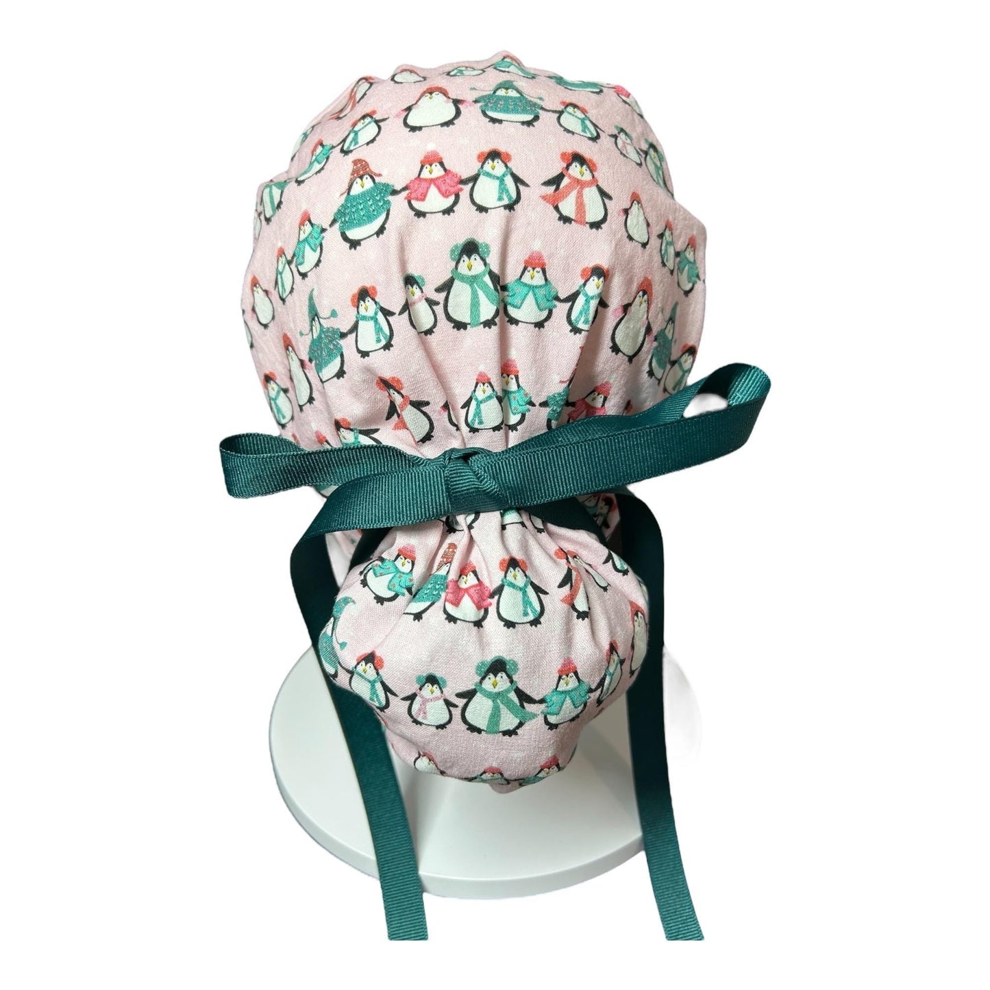 Chilly Penguins Scrub Cap: Winter Ponytail surgical Hat with satin lining option