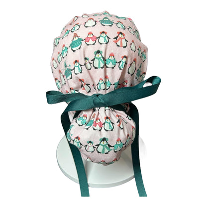 Chilly Penguins Scrub Cap: Winter Ponytail surgical Hat with satin lining option