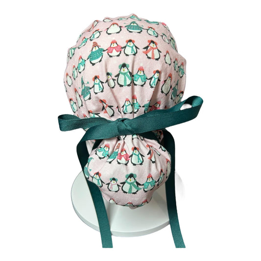 Chilly Penguins Scrub Cap: Winter Ponytail surgical Hat with satin lining option