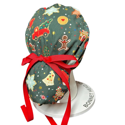 Christmas Cookies Ponytail Scrub Cap: Rifle Paper co fabric with satin lining option