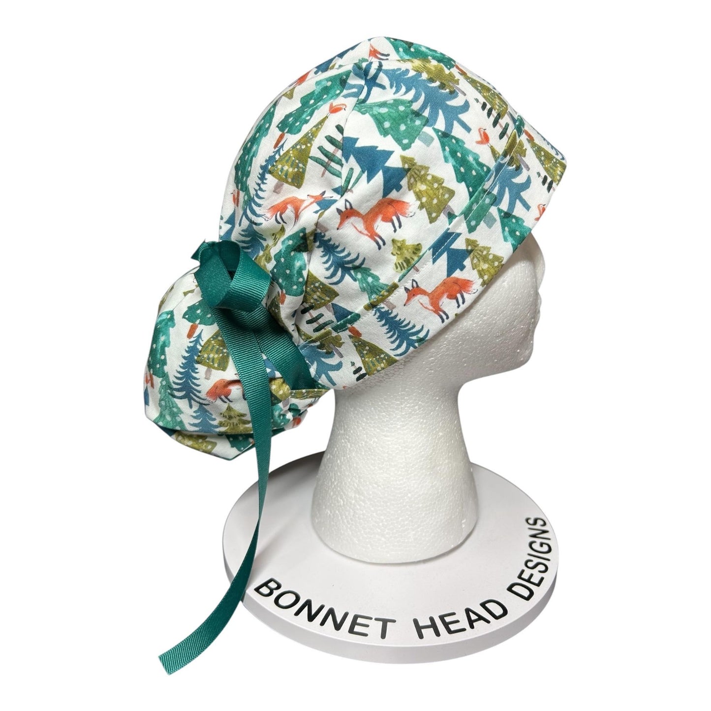 Winter Fox Ponytail Scrub Cap: Ribbon cinch ties