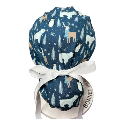 Winter Penguin Ponytail Scrub Hat: surgical cap with ribbon ties