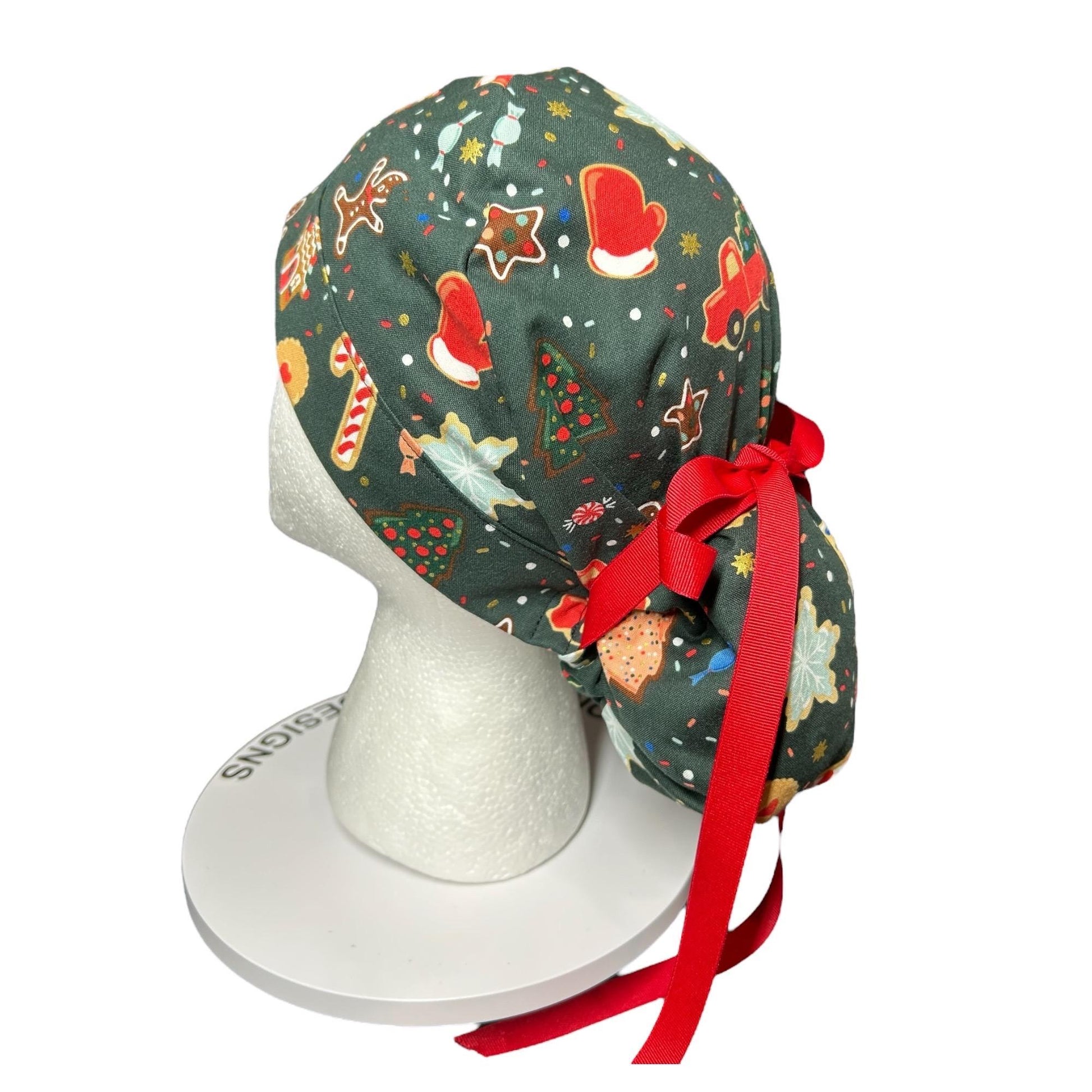 Christmas Cookies Ponytail Scrub Cap: Rifle Paper co fabric with satin lining option