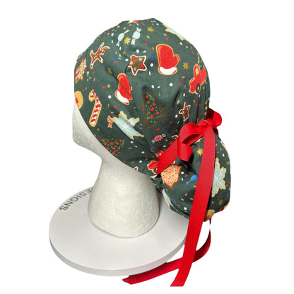 Christmas Cookies Ponytail Scrub Cap: Rifle Paper co fabric with satin lining option