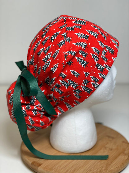 Red Christmas Tree Ponytail Scrub Cap: Rifle Paper Co. Fabric
