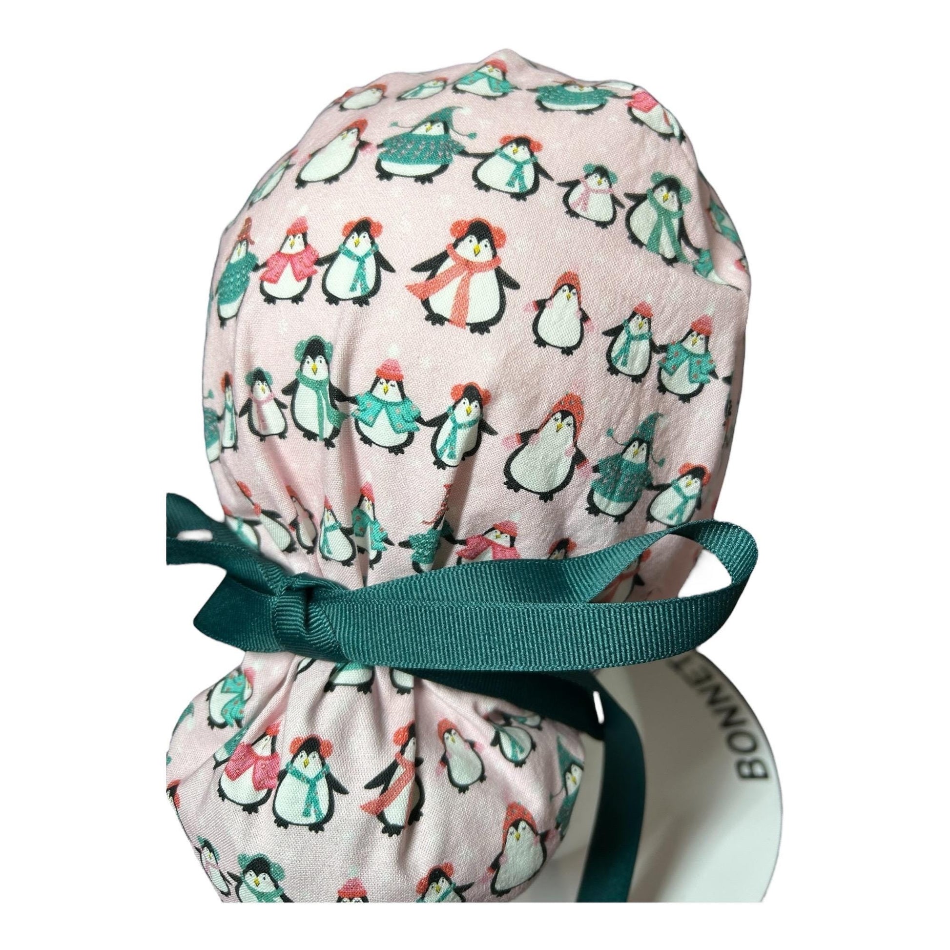 Chilly Penguins Scrub Cap: Winter Ponytail surgical Hat with satin lining option