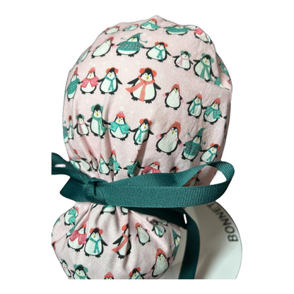 Chilly Penguins Scrub Cap: Winter Ponytail surgical Hat with satin lining option