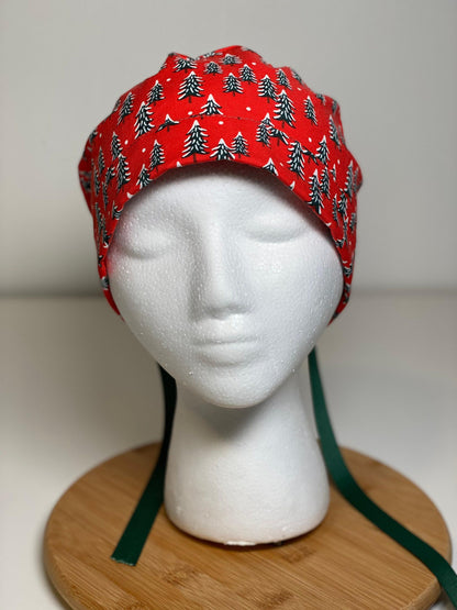 Red Christmas Tree Ponytail Scrub Cap: Rifle Paper Co. Fabric