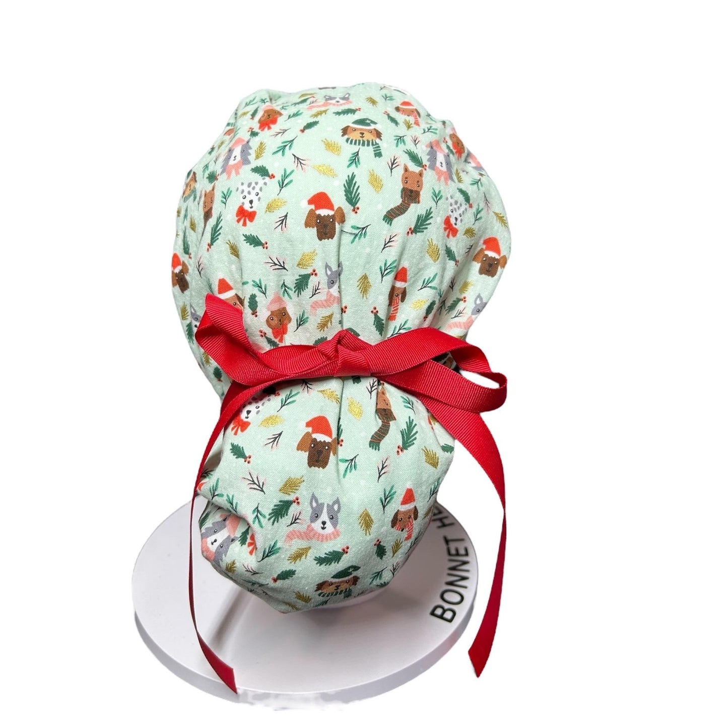 Christmas Dog Scrub Cap: Women's Ponytail Hat in green Merry Pawmas Fabric