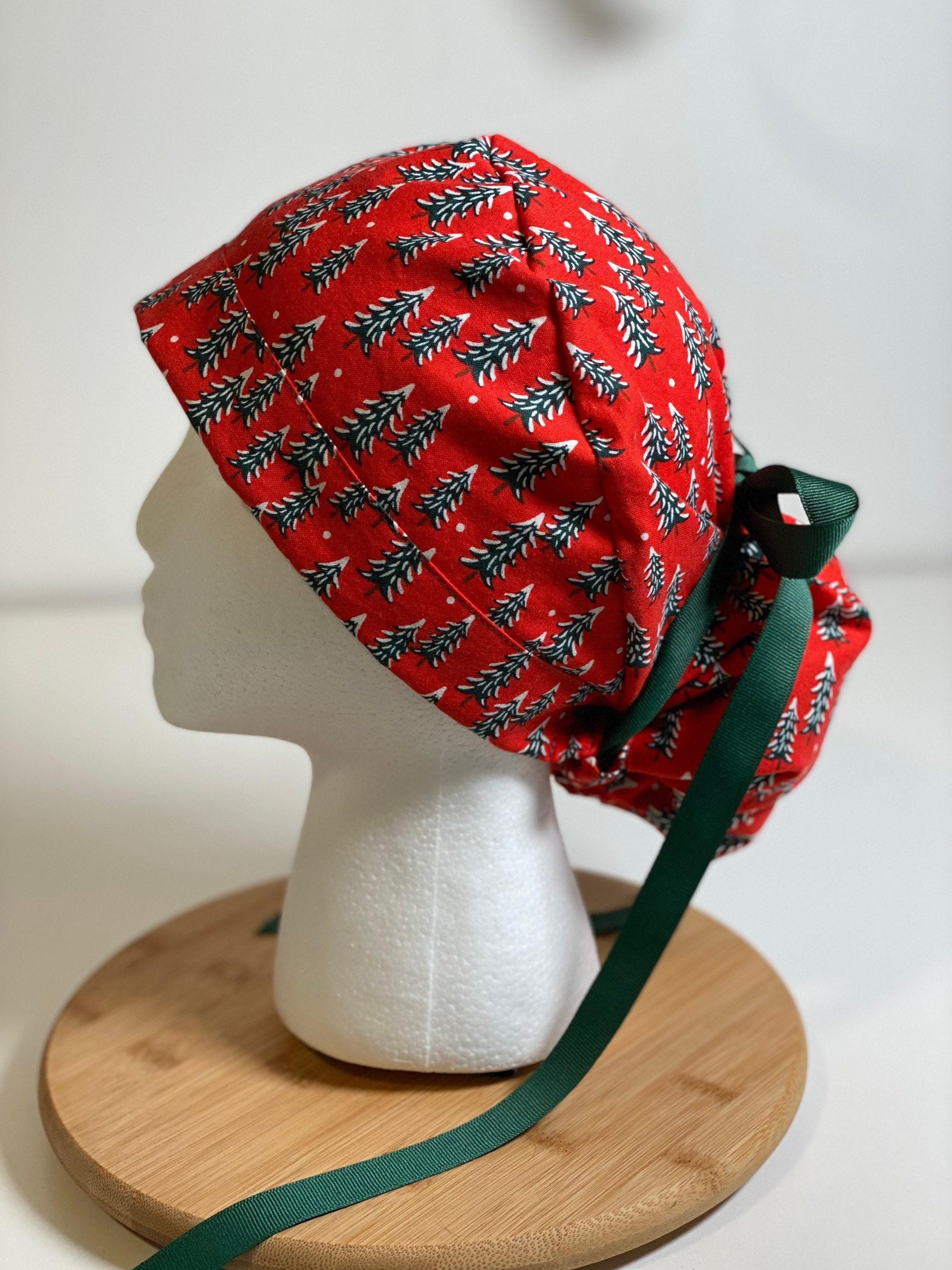 Red Christmas Tree Ponytail Scrub Cap: Rifle Paper Co. Fabric