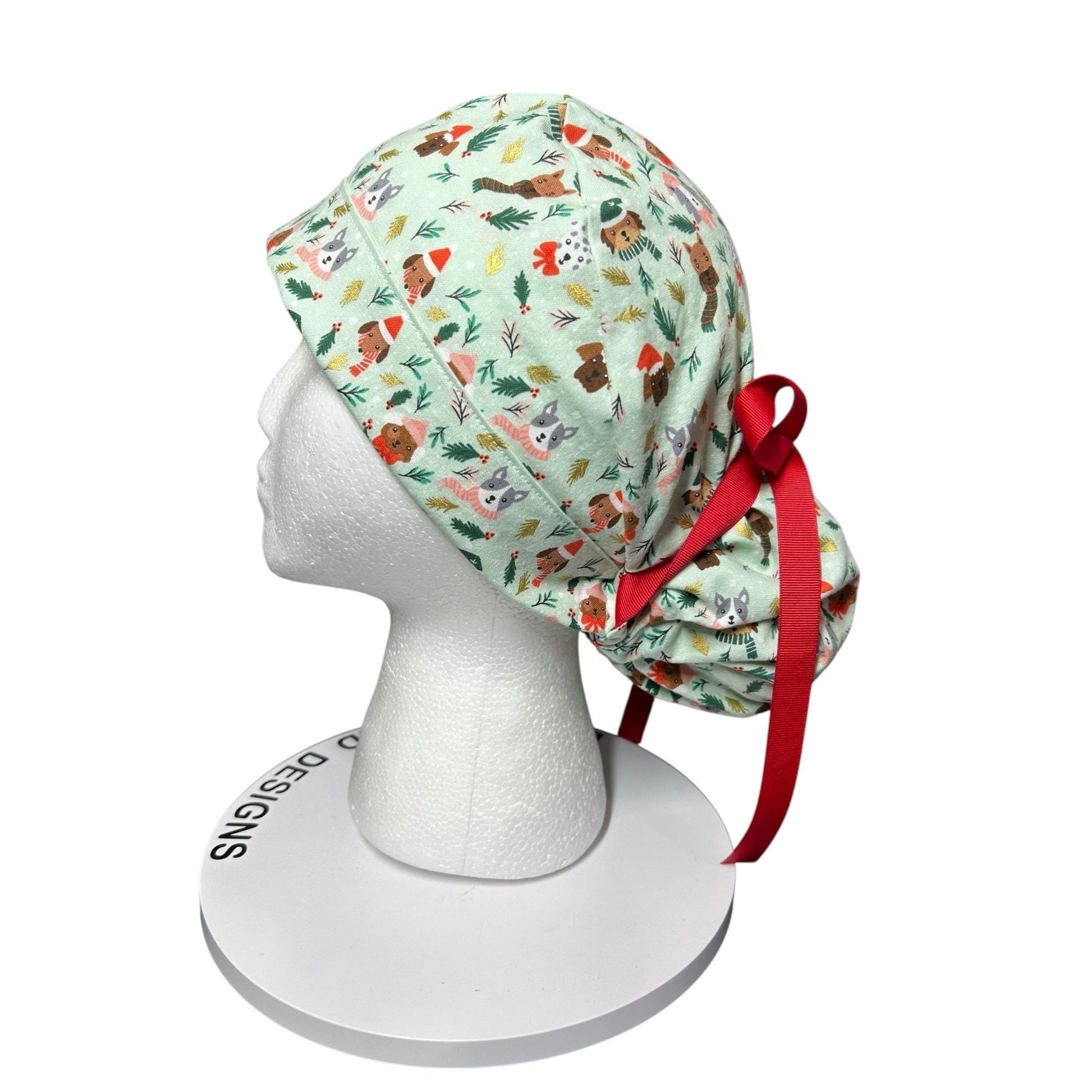 Christmas Dog Scrub Cap: Women's Ponytail Hat in green Merry Pawmas Fabric