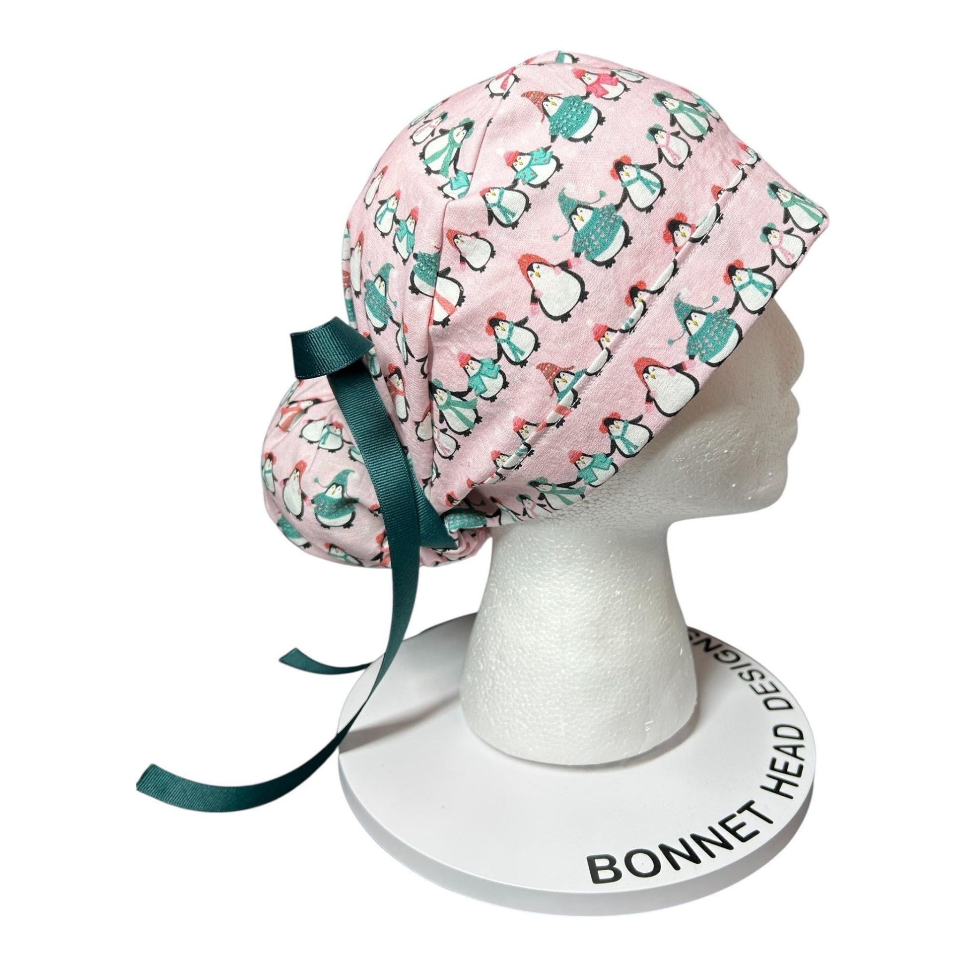 Chilly Penguins Scrub Cap: Winter Ponytail surgical Hat with satin lining option