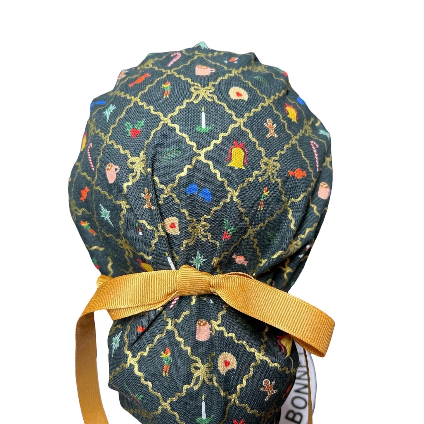 Rifle Paper Co. Christmas Argyle Ponytail Scrub Cap with Ribbon Ties