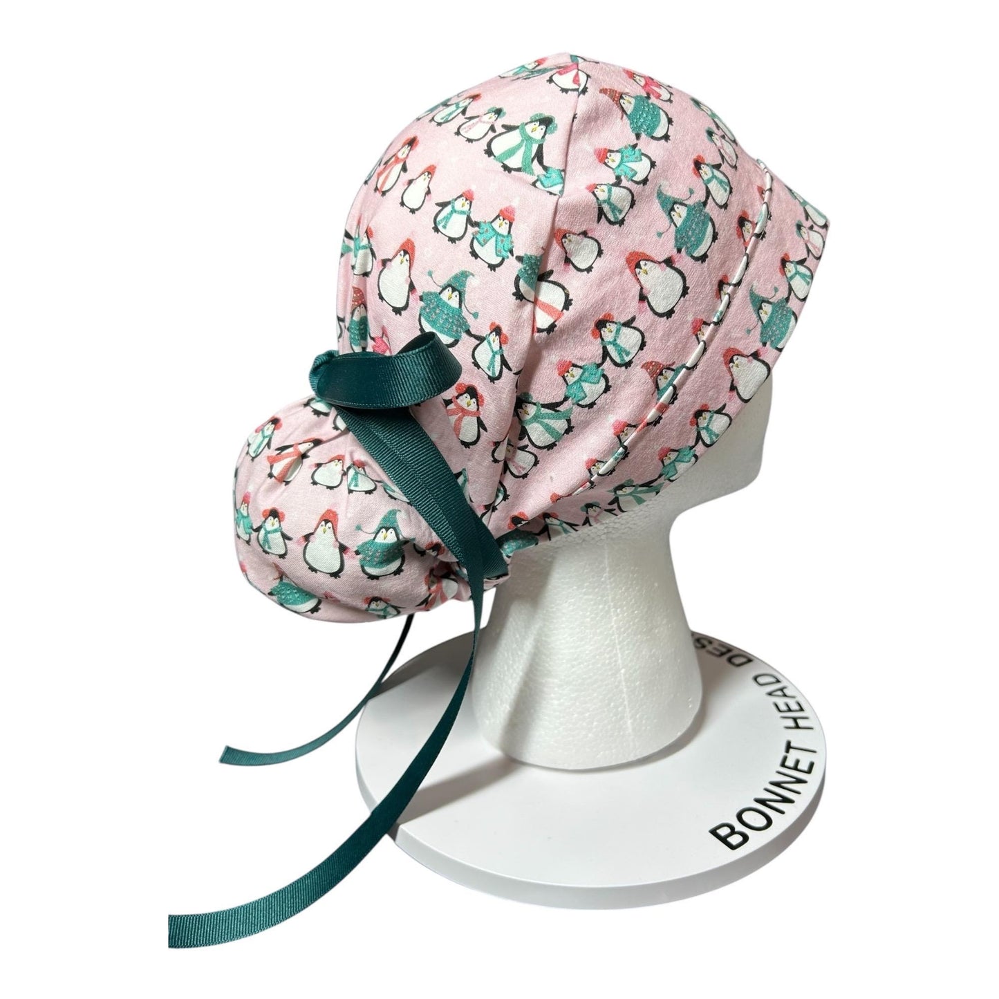 Chilly Penguins Scrub Cap: Winter Ponytail surgical Hat with satin lining option