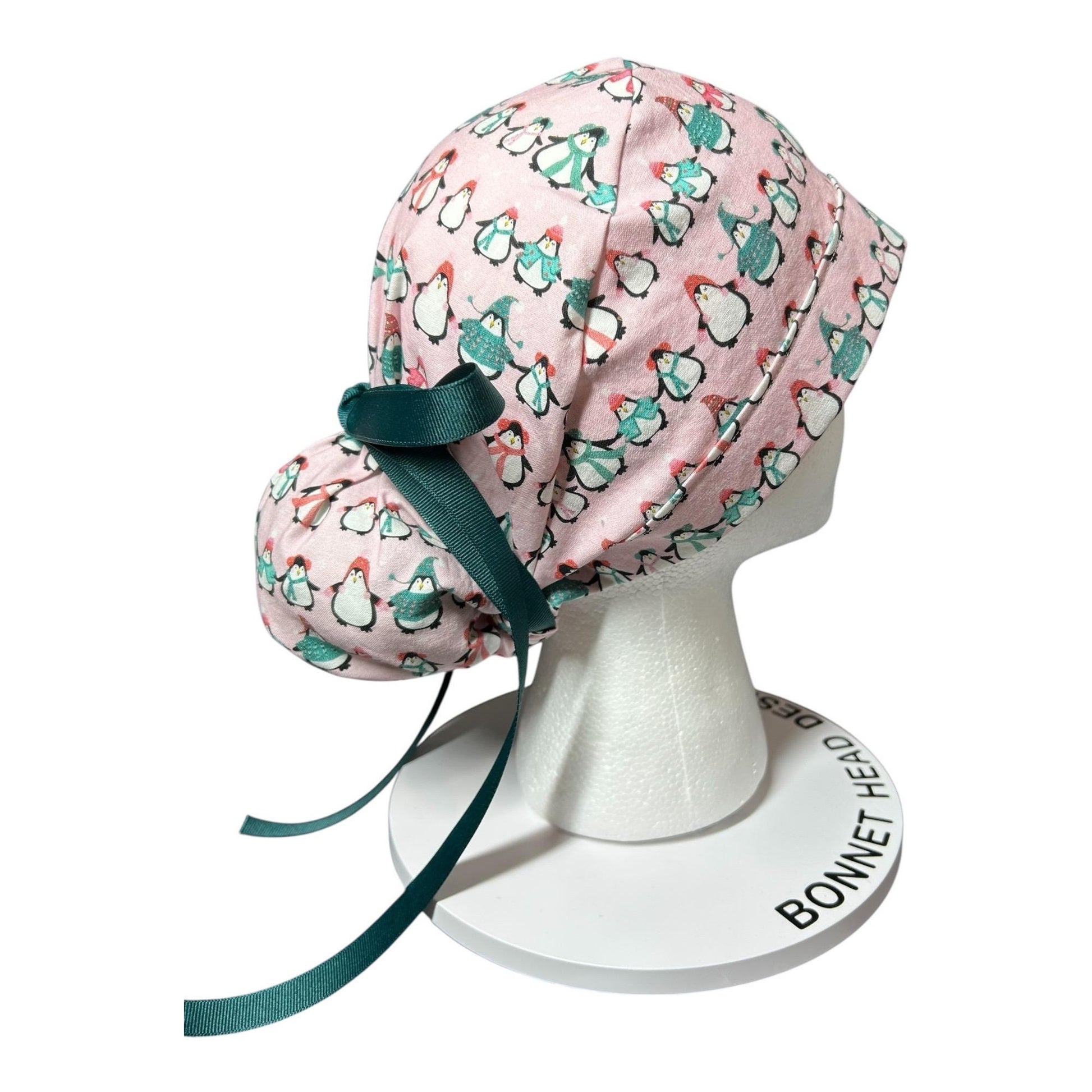 Chilly Penguins Scrub Cap: Winter Ponytail surgical Hat with satin lining option