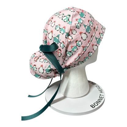 Chilly Penguins Scrub Cap: Winter Ponytail surgical Hat with satin lining option