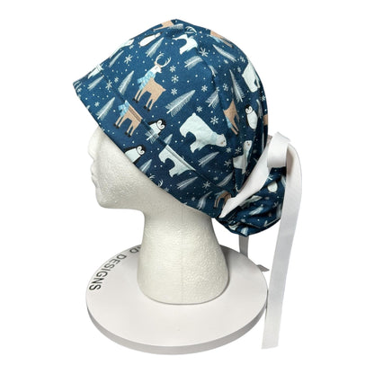 Winter Penguin Ponytail Scrub Hat: surgical cap with ribbon ties