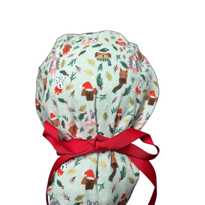 Christmas Dog Scrub Cap: Women's Ponytail Hat in green Merry Pawmas Fabric
