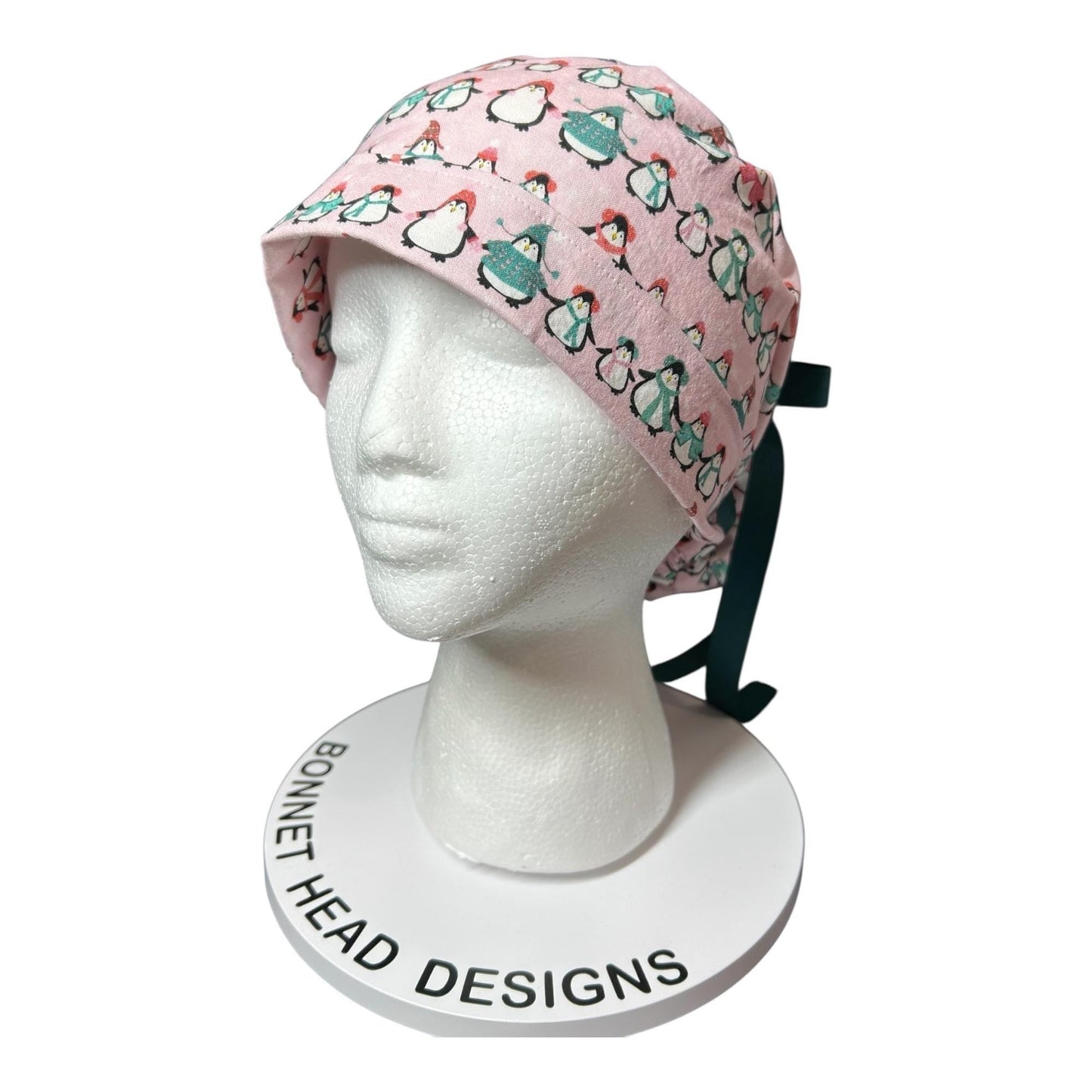 Chilly Penguins Scrub Cap: Winter Ponytail surgical Hat with satin lining option