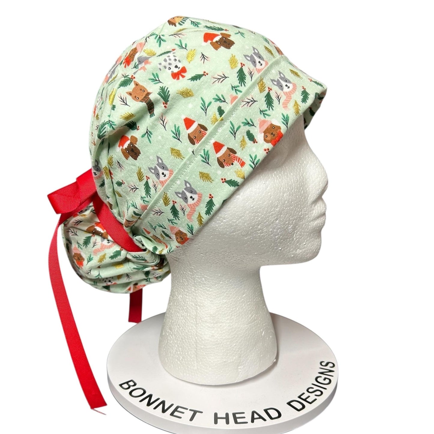 Christmas Dog Scrub Cap: Women's Ponytail Hat in green Merry Pawmas Fabric