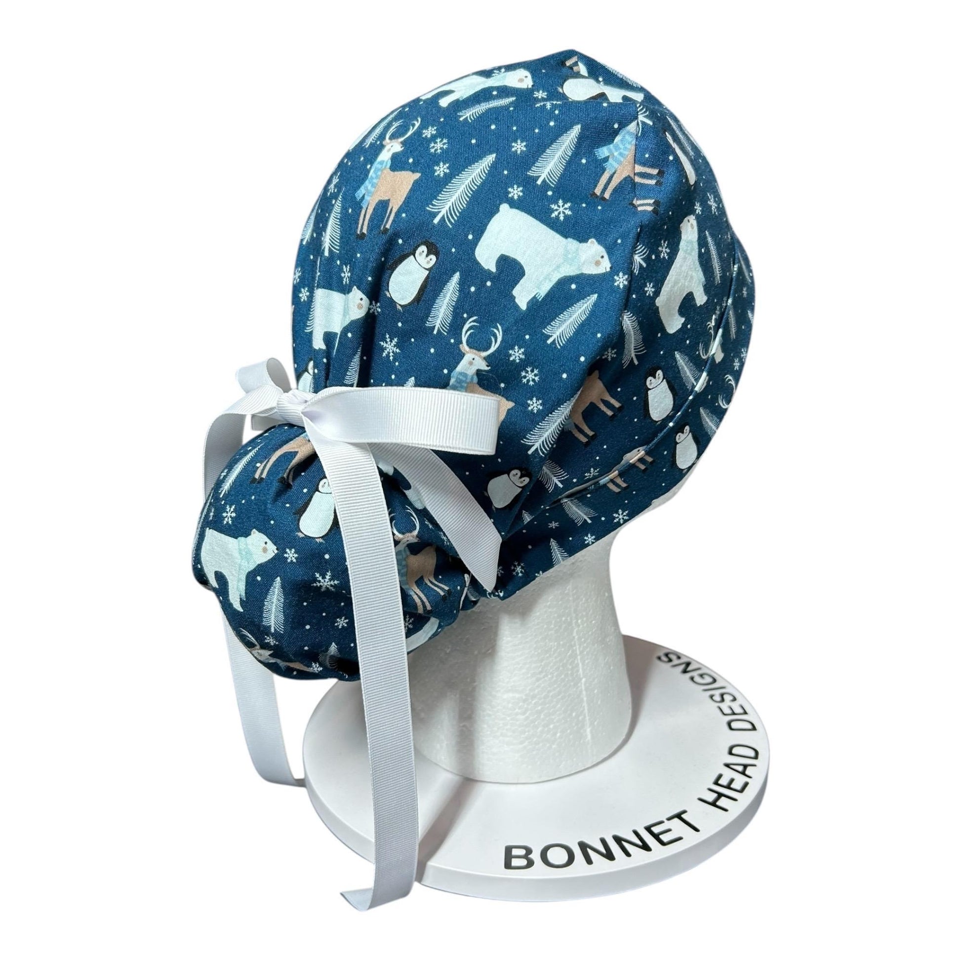 Winter Penguin Ponytail Scrub Hat: surgical cap with ribbon ties