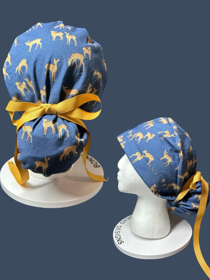 Navy Deer Print Ponytail Scrub Cap - Forest Fable Collection