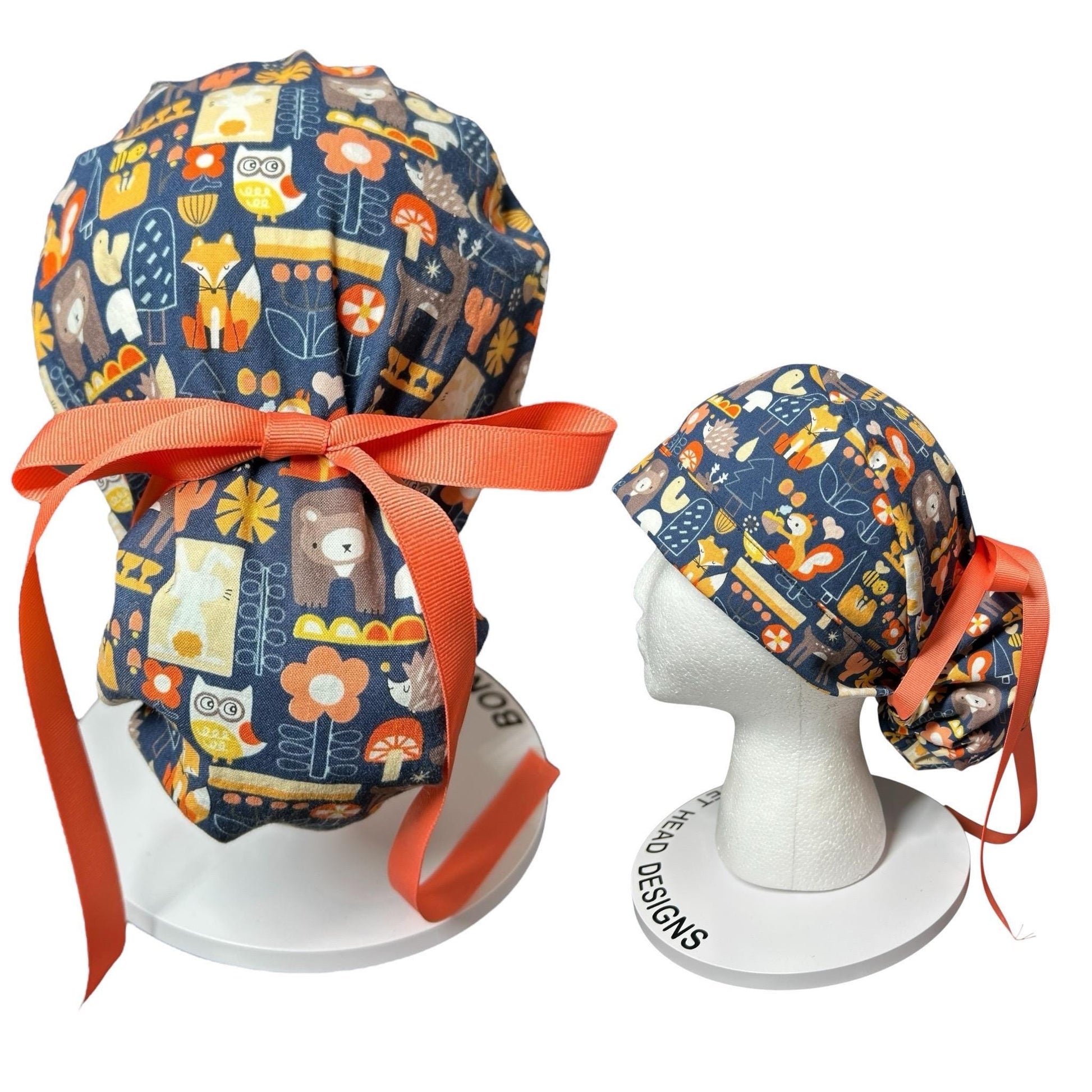 Navy Fall Animal Print Ponytail Scrub Cap: Adjustable Pocket