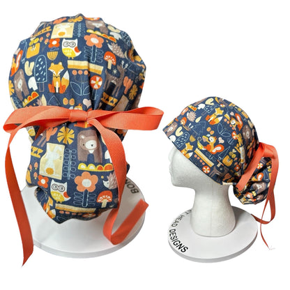 Navy Fall Animal Print Ponytail Scrub Cap: Adjustable Pocket