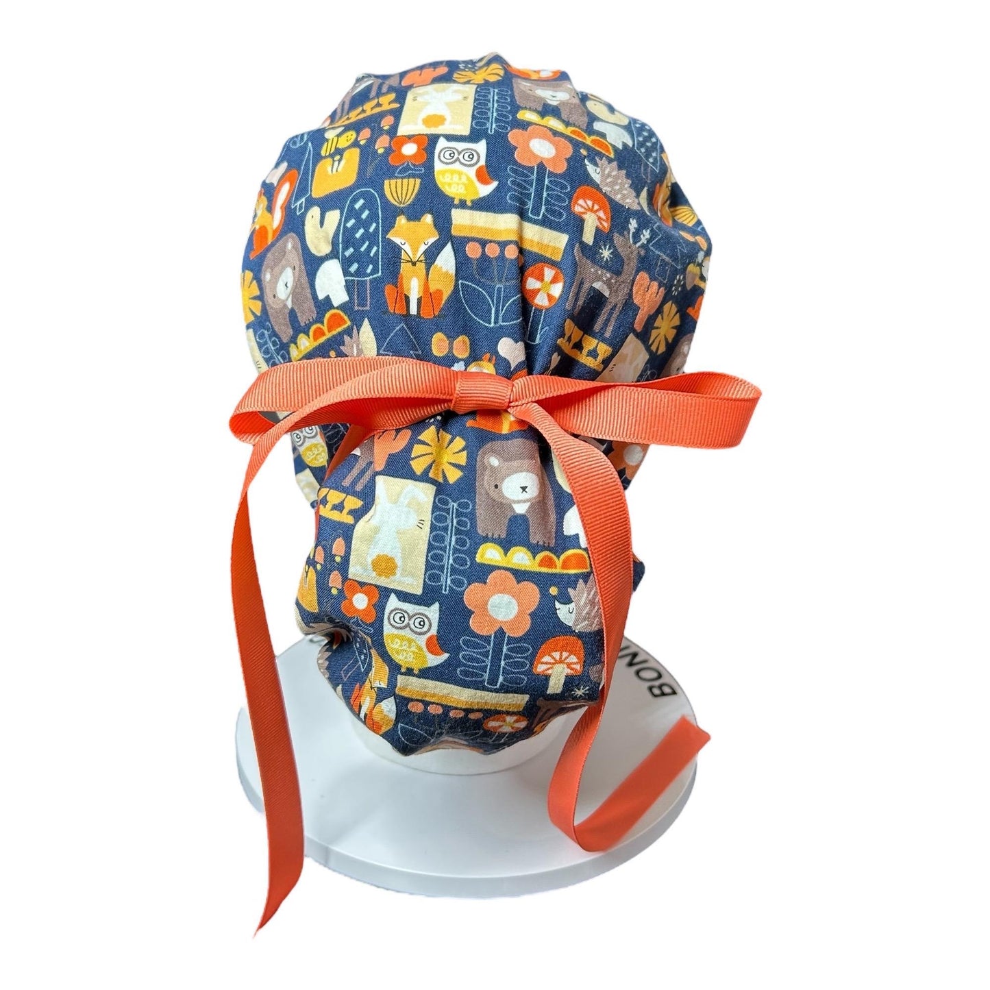 Navy Fall Animal Print Ponytail Scrub Cap: Adjustable Pocket