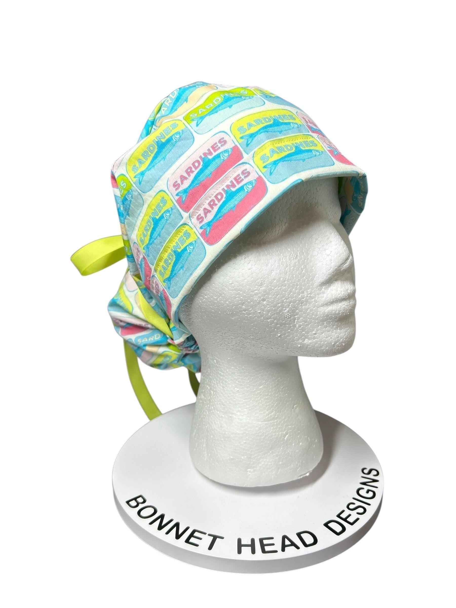 Sardines Print Ponytail Scrub Cap with ribbon ties