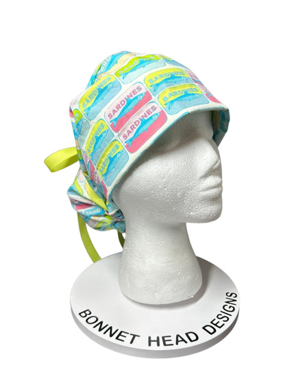 Sardines Print Ponytail Scrub Cap with ribbon ties