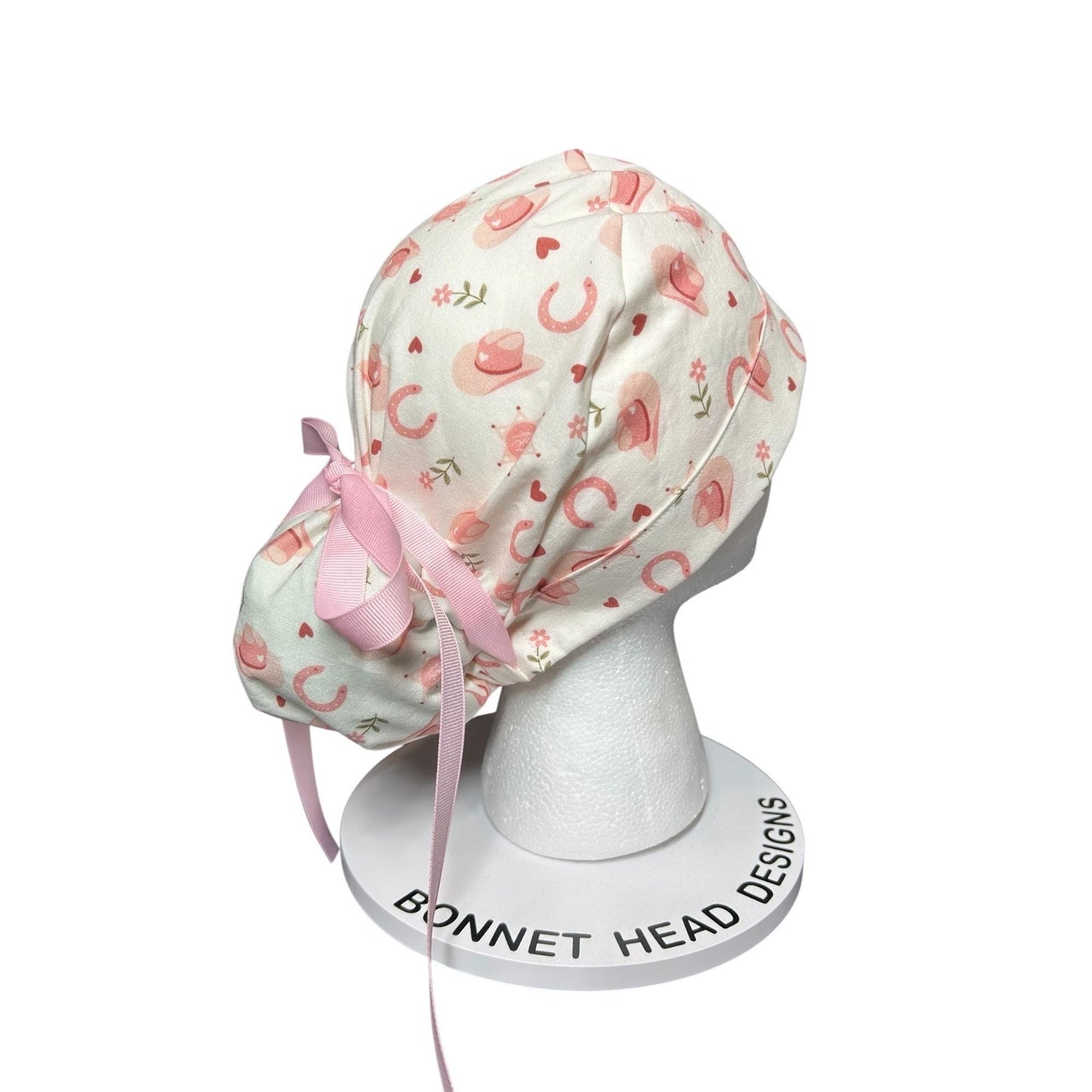 Cowgirl Scrub Cap: Organic Cotton Ponytail Hat with Pink Ribbon