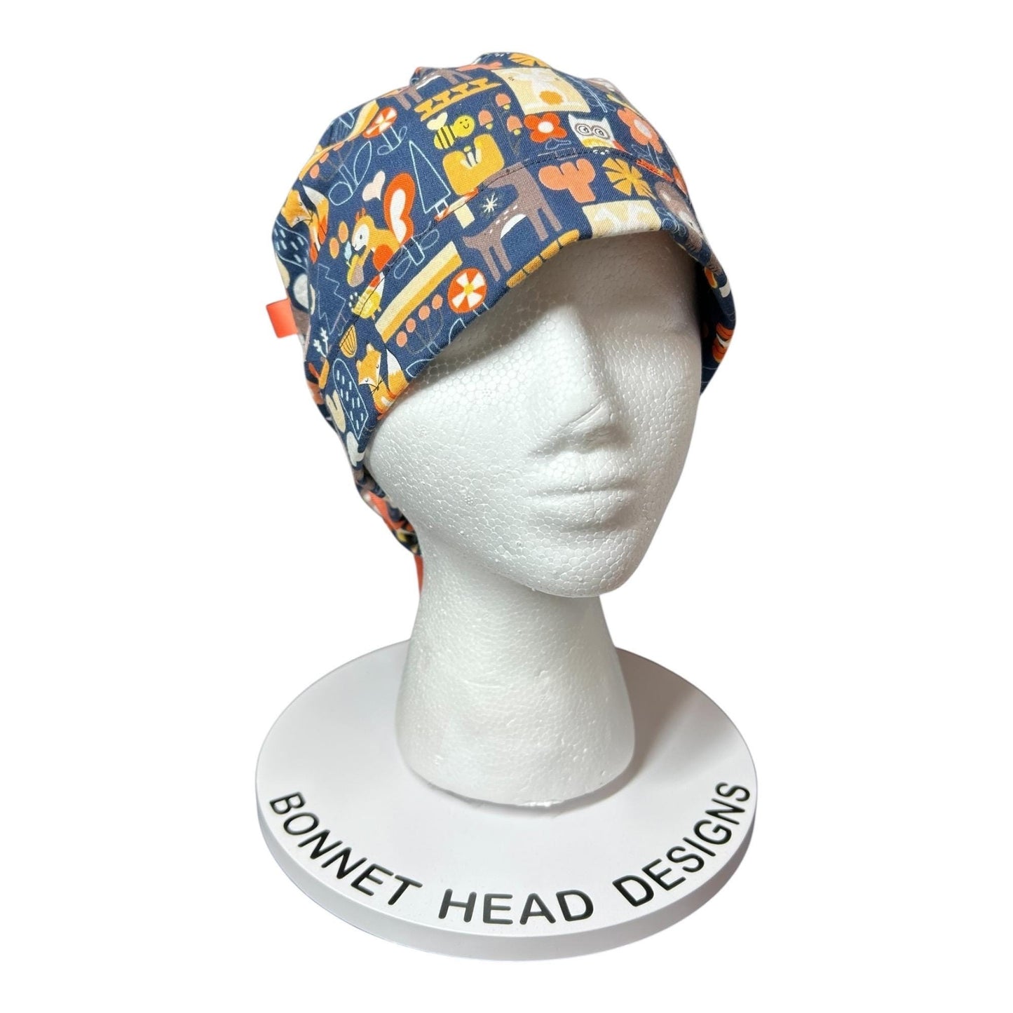 Navy Fall Animal Print Ponytail Scrub Cap: Adjustable Pocket