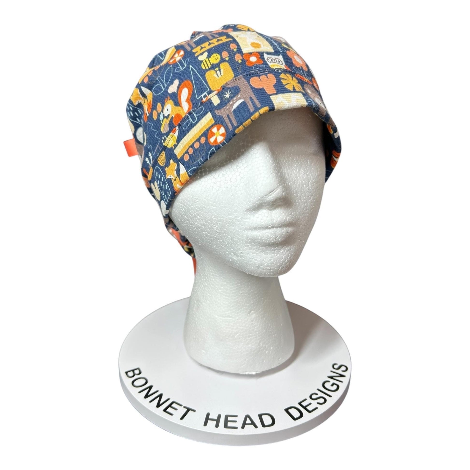 Navy Fall Animal Print Ponytail Scrub Cap: Adjustable Pocket