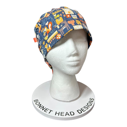 Navy Fall Animal Print Ponytail Scrub Cap: Adjustable Pocket