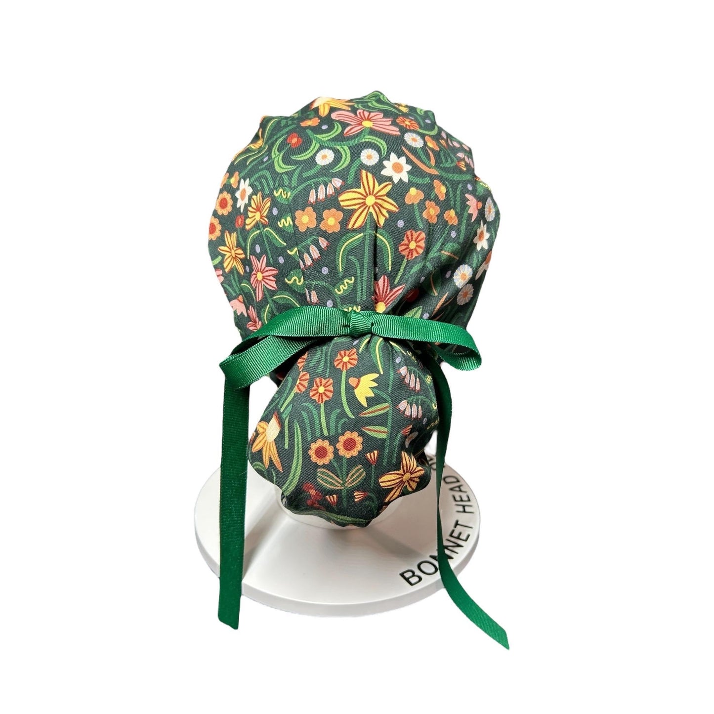 Floral Scrub Hat: Green Spring Fabric, Bun/Ponytail Style