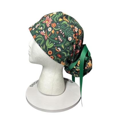 Floral Scrub Hat: Green Spring Fabric, Bun/Ponytail Style