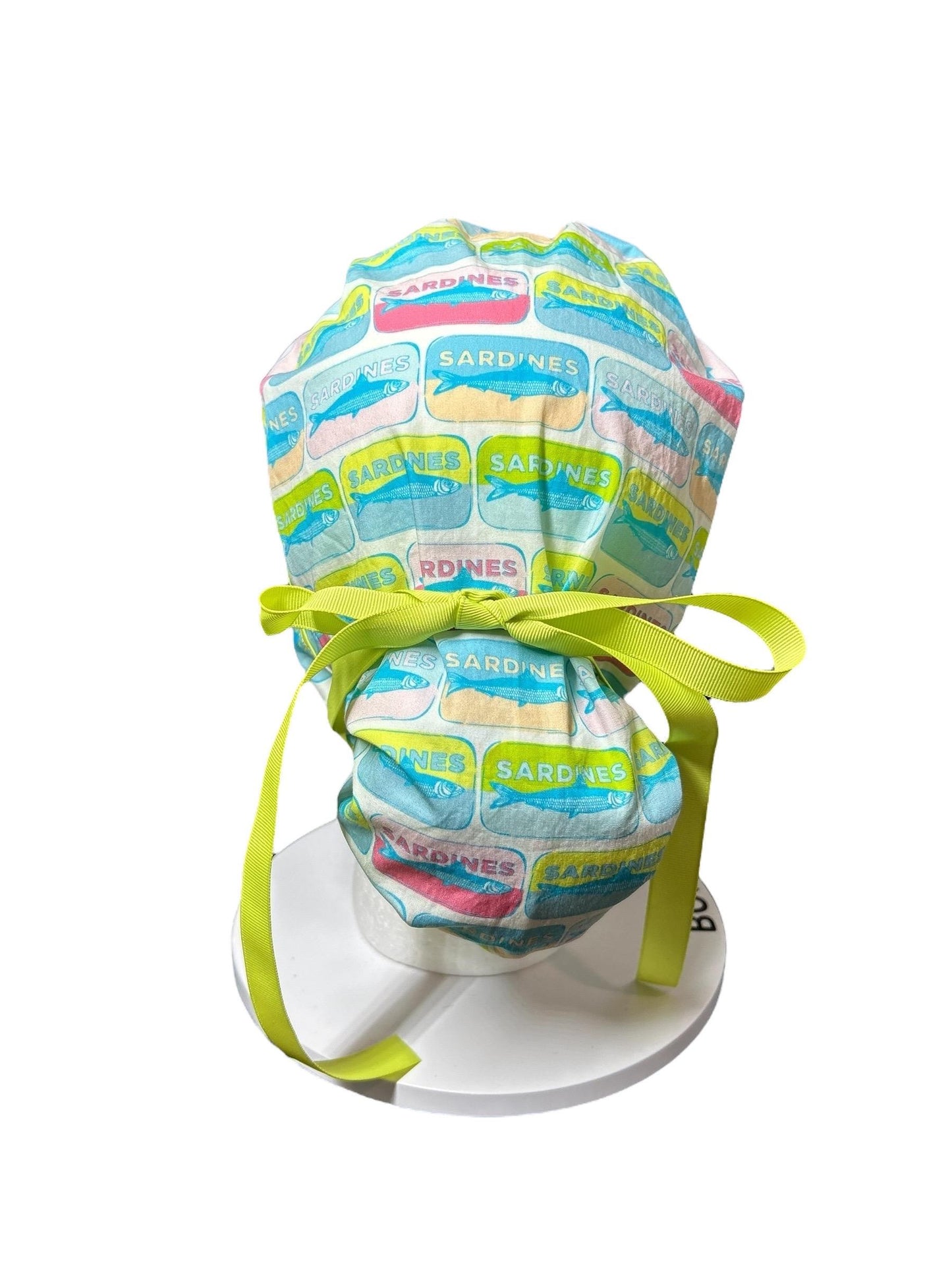 Sardines Print Ponytail Scrub Cap with ribbon ties