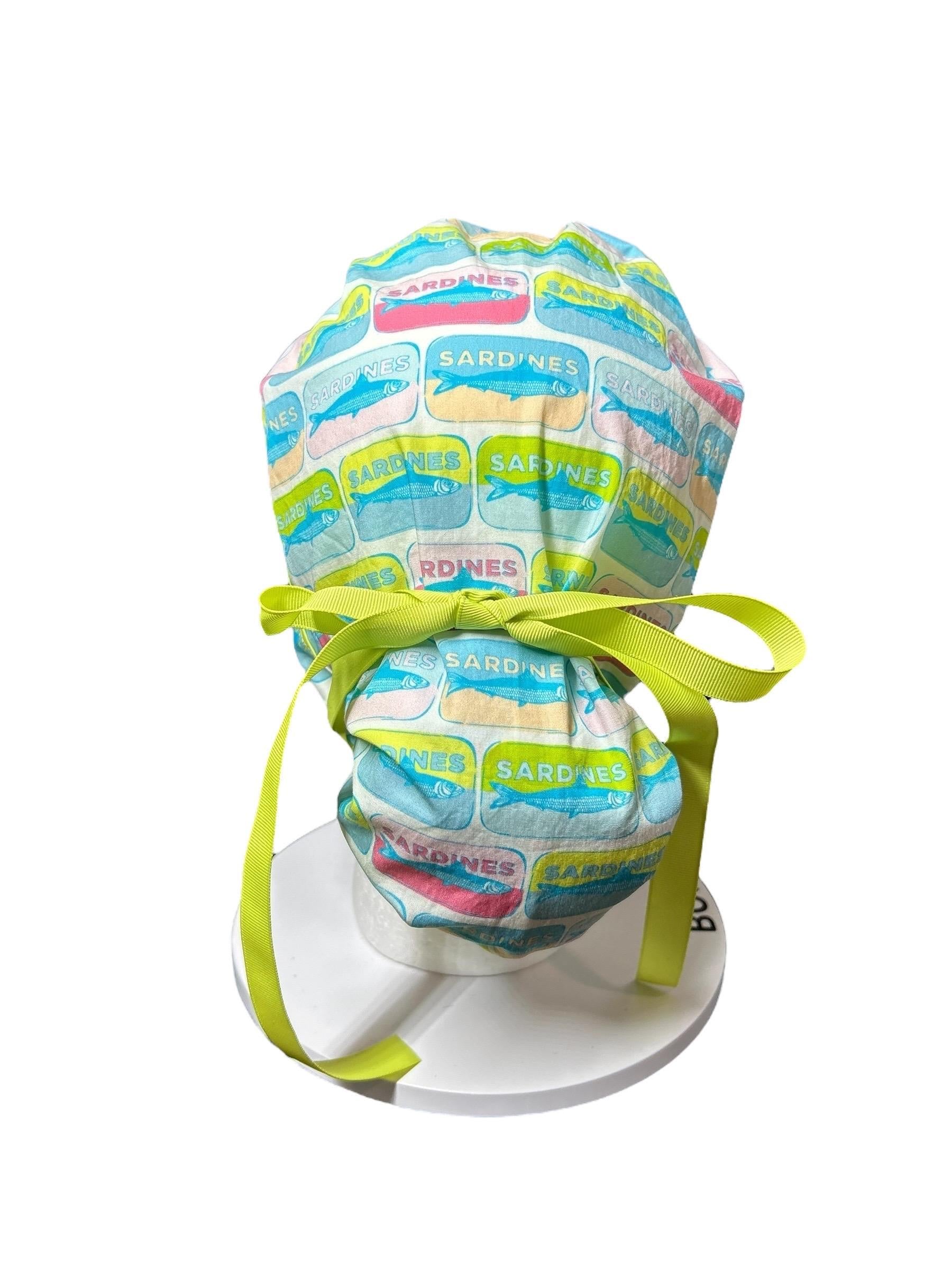 Sardines Print Ponytail Scrub Cap with ribbon ties